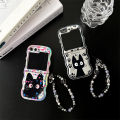 HODON Cute Wave Love Black Cat Phone Case for Samsung Galaxy ZFlip5 Flip3 Zflip4 Cases With Bracelet Shockproof Hard Back Cover. 