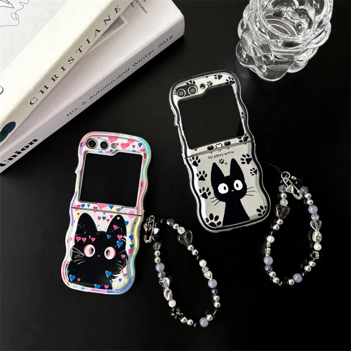 HODON%20Cute%20Wave%20Love%20Black%20Cat%20Phone%20Case%20for%20Samsung%20Galaxy%20ZFlip5%20Flip3%20Zflip4%20Cases%20With%20Bracelet%20Shockproof%20Hard%20Back%20Cover%20-%20Image%209