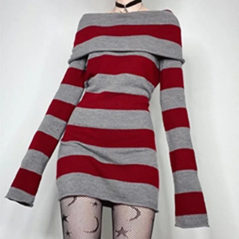 Y2K Striped Sweater Mini Dress Mall Goth Grunge Emo Bodycon Chic Women Off  Shoulder Full Sleeve Slim Fit Dresses 00s Vintage | Daraz.com.bd