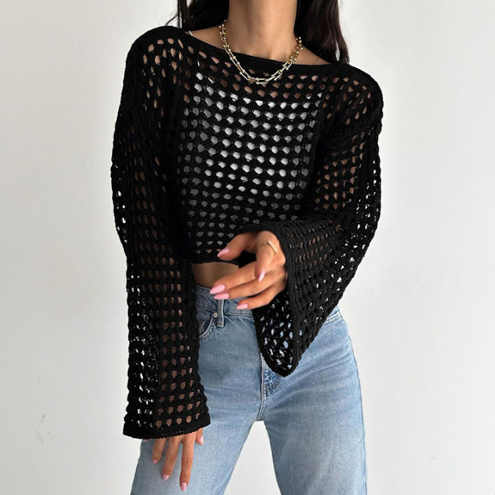 【original】 Long Sleeve Crochet Knit Top Summer Beach Cover Up Crop Pullover Wool Knitwear Blouse Women Vacation Boho Outfit