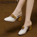 Women High Heeled Platform Half Slippers Leather Mules Femme Pointed Toe Feminino Office Ladies Chaussure Elegant Backless Shoes.