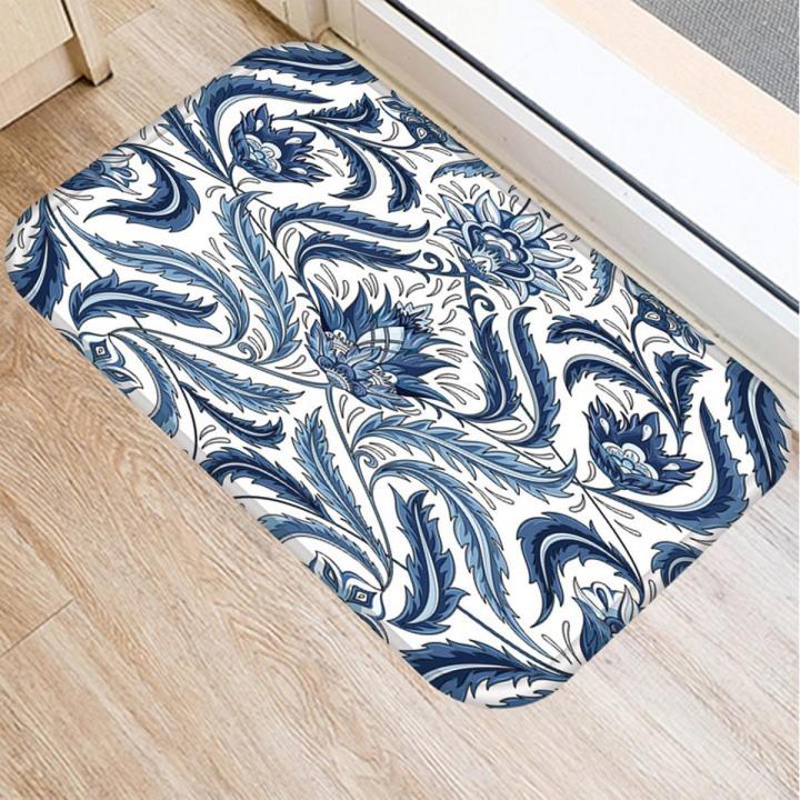 Non-Slip Blue White Porcelain Bath Kitchen Entrance Door Mat