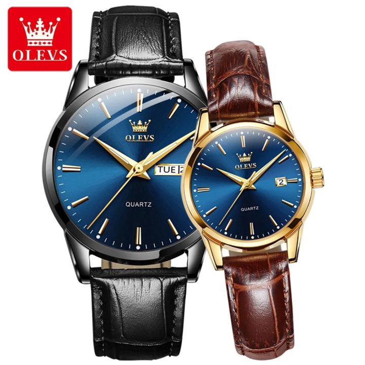 OLEVS 6898C BlackBrown PU Leather Analog Wrist Watch For Couple - RoyalBlue & BlackBrown