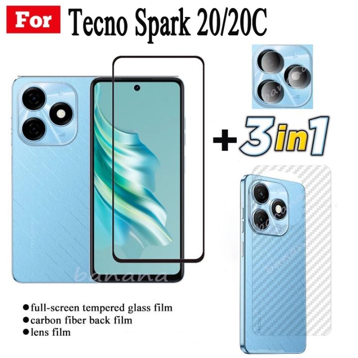 3 IN 1 Tecno Spark 20C Tempered Glass Full Cover Film for Spark 20 Spark 20 Pro Go 2024 2023 Spark 10 Pro 10C Camera Lens Glass Screen Protector and back film