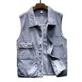 2023 Retro Denim Vest Men Sleeveless Cargo Jacket Harajuku Style Tooling Jean Jacket Cowboy Fashion Wasitcoat Men'S Clothing XXL. 