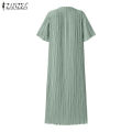 ZANZEA Womens Chinese Style Elegant Plain Short Sleeve Slims Fit Pleated Midi Shift Dresses #11. 