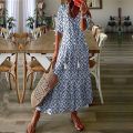 Women Floral Long Dress Retro V Neck Half Sleeve Dress Casual Boho Drawstring Loose Holiday Beach Maxi Dress Vestidos Femme.