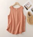 Women's Summer Loose Simple Orange Tank Top O-Neck Side Button Design Solid Pullover Sleeveless T-shirt.