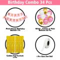 Birthday Decorations Pink Combo Set - 34-Piece Pack with Pink, Golden, and White Metallic Balloons, Birthday Pink Paper Banner, Golden Foil Curtain, and Glue Dot Roll. 