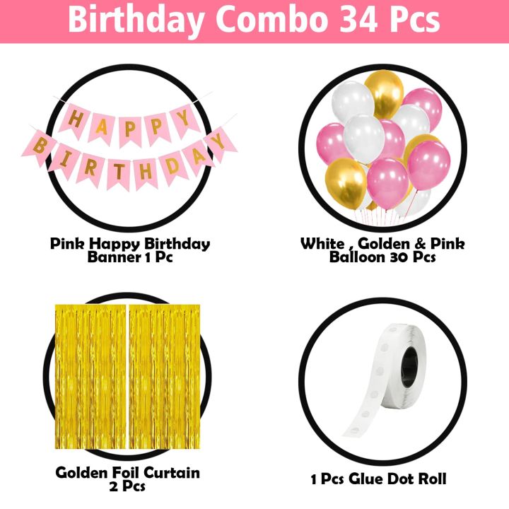 Birthday%20Decorations%20Pink%20Combo%20Set%20-%2034-Piece%20Pack%20with%20Pink,%20Golden,%20and%20White%20Metallic%20Balloons,%20Birthday%20Pink%20Paper%20Banner,%20Golden%20Foil%20Curtain,%20and%20Glue%20Dot%20Roll%20-%20Image%202