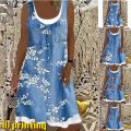 Women's A-Line Dress Sleeveless Spring Summer Casual Patchwork Print Knee Length Dress Fashion 3D Printing Denim Print Dress. 