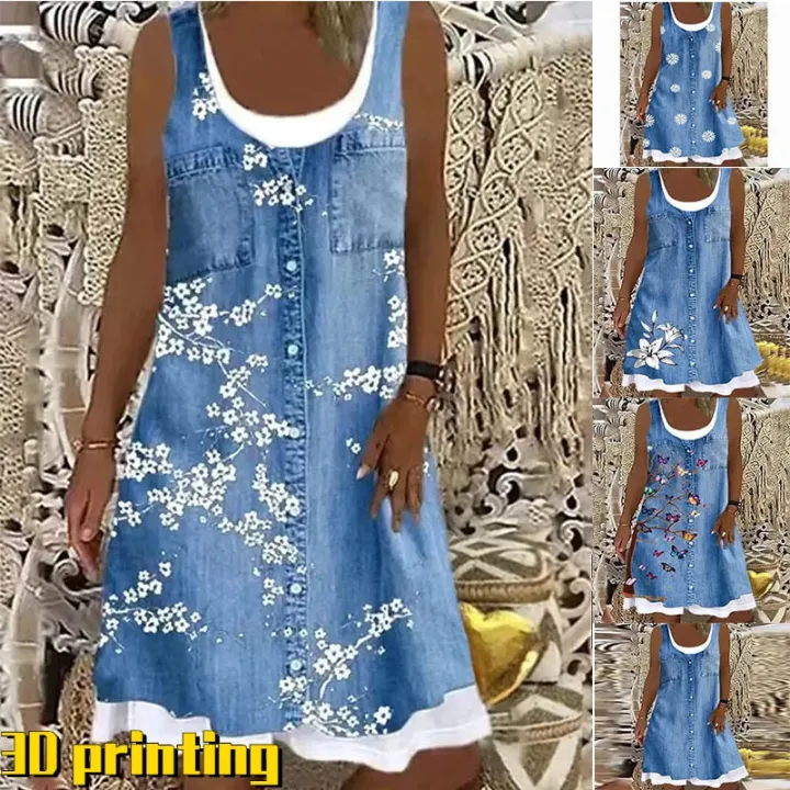 Women's%20A-Line%20Dress%20Sleeveless%20Spring%20Summer%20Casual%20Patchwork%20Print%20Knee%20Length%20Dress%20Fashion%203D%20Printing%20Denim%20Print%20Dress%20-%20Image%203