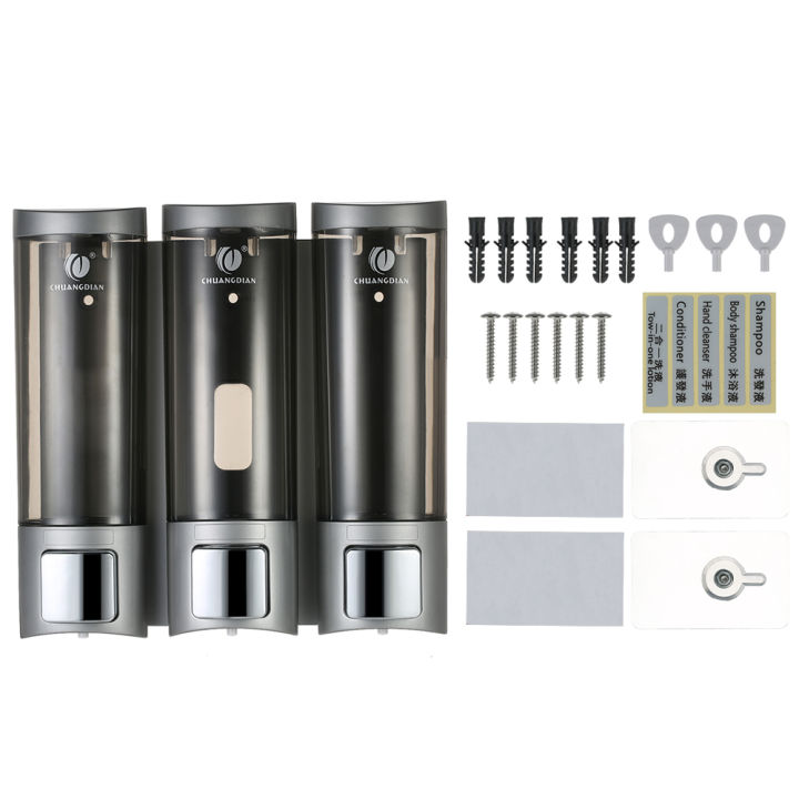 CHUANGDIAN%20Manual%20Soap%20Dispensers%20with%20Double%20Sided%20Foam%20Tape%20Wall-mounted%20Three%20Chamber%20Shampoo%20Box%20Shampoo%20Shower%20Gel%20Liquid%20Soap%20Dispensers%20Rest%20Room%20Washroom%20Toilet%20Soap%20Dispenser%20&%20Holder%20200ml*3%20-%20Image%203