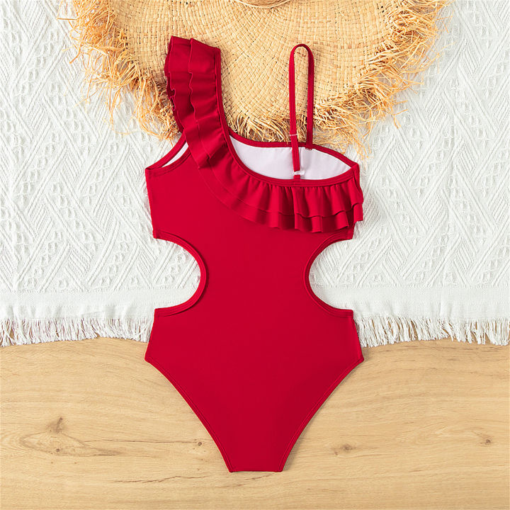 GC Toddler Girls Leotard Swimsuits Ruffle One Shoulder Sleeveless Bathing Suit Hallow Waist Swimsuit For Indoor Outdoor Swimming Summer Bathing