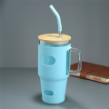 32 Oz Glass Tumbler with Lid and Straw, Glass Water Bottles with Handle, Glass Cup with Silicone Sleeve,Cup Holder Easy to Use Reusable Blue. 
