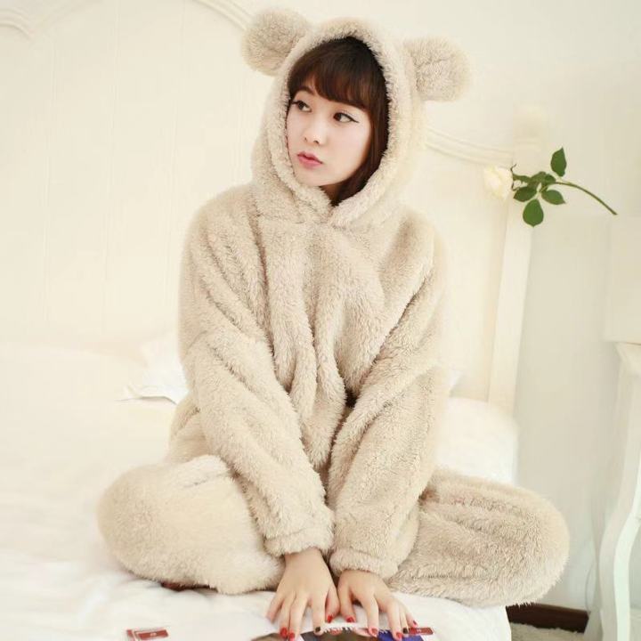 Winter%20Pajama%20Sets%20Women%20Solid%20Flannel%20Soft%20Sweet%20Students%20Lovely%20Hooded%20Two-pieces%20Thicken%20Plush%20Cute%20Couple%20Sleepwear%20Fashion%20-%20Image%205