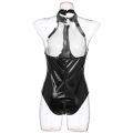 Women Bright Black PVC Leather Bodysuits Choker Necklace Collar Hot Punk Fashion Mesh Catsuit Short Jumpsuits. 