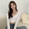 Hot Girl Sexy Cropped Long Sleeve T Women's T-shirt 2024 Spring and Autumn New Pure Color Tight Slimming Cardigan Short Top.