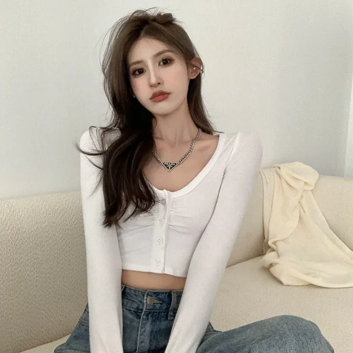 Hot%20Girl%20Sexy%20Cropped%20Long%20Sleeve%20T%20Women's%20T-shirt%202024%20Spring%20and%20Autumn%20New%20Pure%20Color%20Tight%20Slimming%20Cardigan%20Short%20Top%20-%20Image%207