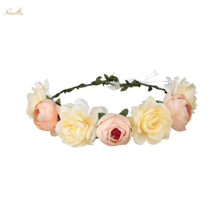 Boho%20Flower%20Crown%20Floral%20Garland%20Headband%20Flower%20Headpiece%20with%20Ribbon%20Champagne%20-%20Image%202