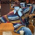 ZAZOMDE Winter Rainbow Color Contrast Jumper Oversize Cardigan Sweater Knitwear Men Loose High Street Couple Stripe Sweater Coat.