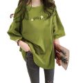 Lazy Solid Color T T-shirt Women's Summer Loose Mid-Length European Goods Large Green, Half-Sleeve T-shirt Bottom Disappear Clothes. 