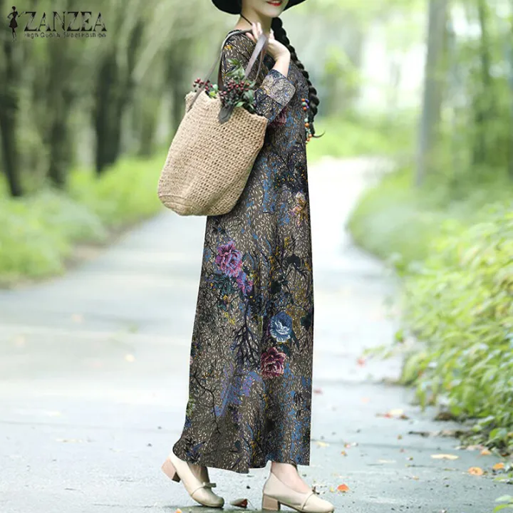 ZANZEA%20Womens%20Vintage%20Cotton%20Long%20Sleeve%20Floral%20Printed%20Casual%20Loose%20Kaftan%20Baggy%20Dress%20-%20Image%202