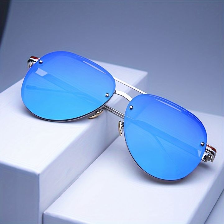 Trendy Cool Metal Frame Rimless Aviator Sunglasses, For Men Women Outdoor Party Vacation Travel Driving Decors Photo Props, 4 Colors Available