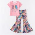 Summer baby girls kids Clothes boutique bunny Leopard short sleeve top bell-bottoms flare pants set Easter girls Outfits. 