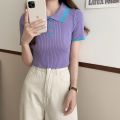 Knitted sweater for women, short-sleeved summer polo shirt with lapel for small people, slim fit, navel-baring short fashion high-waisted top.