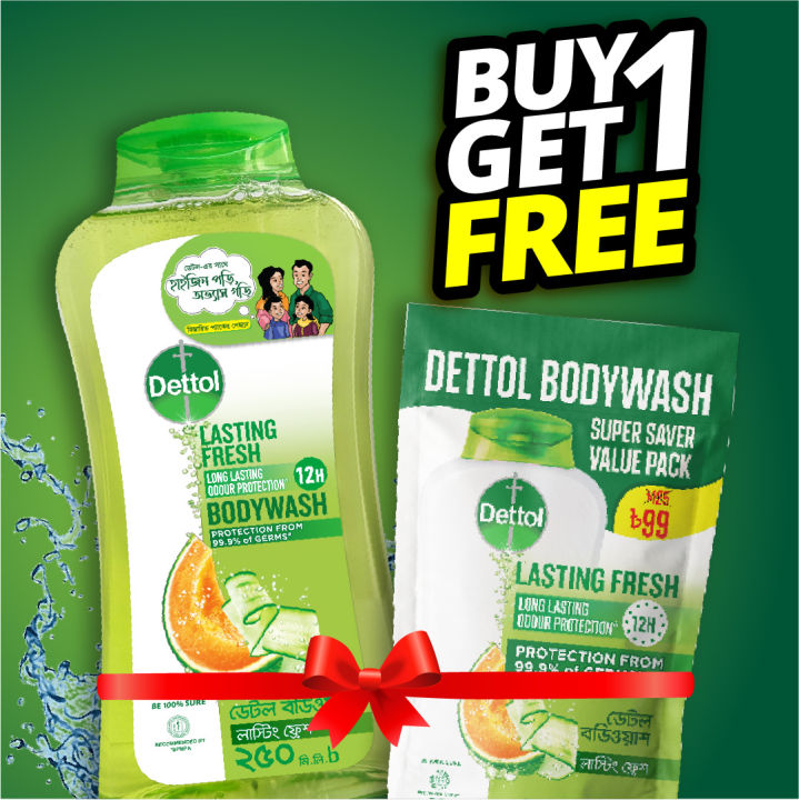 Buy 1 Get 1 Free - Dettol Lasting Fresh Bodywash 250ml with 12 Hour Odour Protection + Lasting Fresh Bodywash 170ml Super Saver Value Pack