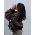 Red Zipper Leather Jacket Women Casual Long Sleeve Lapel Cropped Coat Autumn New Lady Vintage Fashion Tops Outerwear.