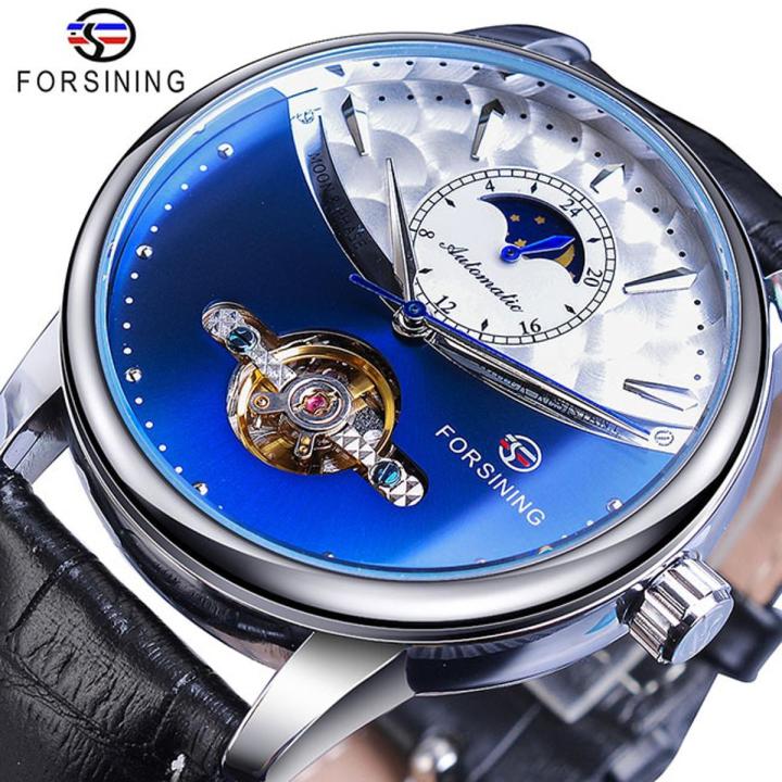 Forsining Man Watch Relogio Automatic Mechanical Black White Moon Phase Business Skeleton Tourbillon Leather Band Masculino