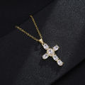 European and American Fashion Cross Pendant Necklace Women's All-Match Copper Plated Real Gold Inlaid Zircon Couple Sweater Chain Accessories.