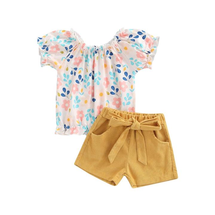 Eligible Two Piece Girl’s Clothes Set Fashion Flower Printed Short Sleeve T-shirt and Solid Color Shorts
