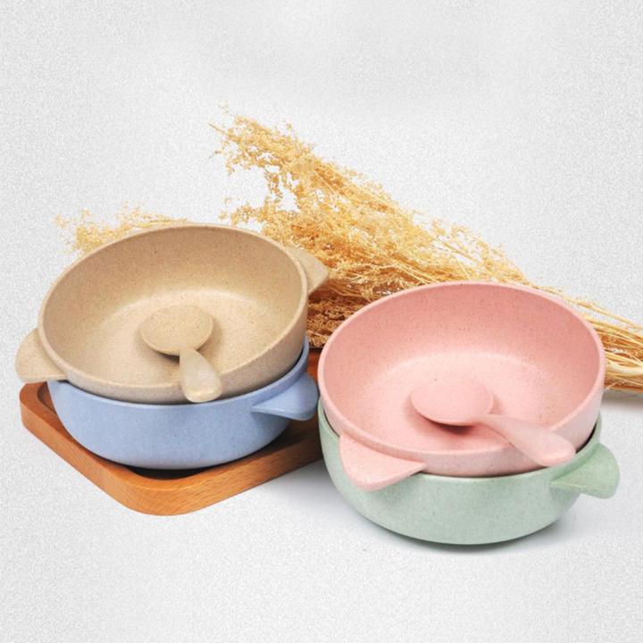 2Pcs/Set Baby Feeding Tableware Set Eco-Friendly Wheat Straw Infant Plate Children Dish Dinnerware Kids Anti-hot Training Bowl+Spoon