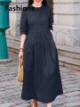 Fashions 【2025 Version】 ZANZEA Elegant Women OL Work Midi Dress Half Sleeve Sundress Solid Pleated A-line Vestidos O Neck Casual Buttons Up Robe. 