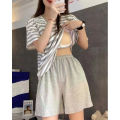 Manufacturers: foreign trade, summer pajamas with bra pads, women's short-sleeved shorts, imitation cotton stripes, simple sports loungewear, can be worn outside.