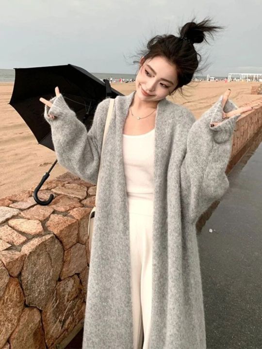 Deeptown Vintage Gray Long Cardigan Women Korean Luxury Long