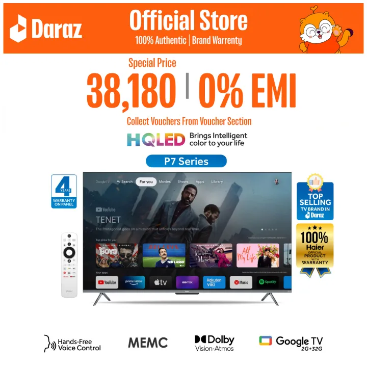 Haier (H43P7UX) 43" HQLED 4K Resolution Smart Google TV with Free Bongo Subscription