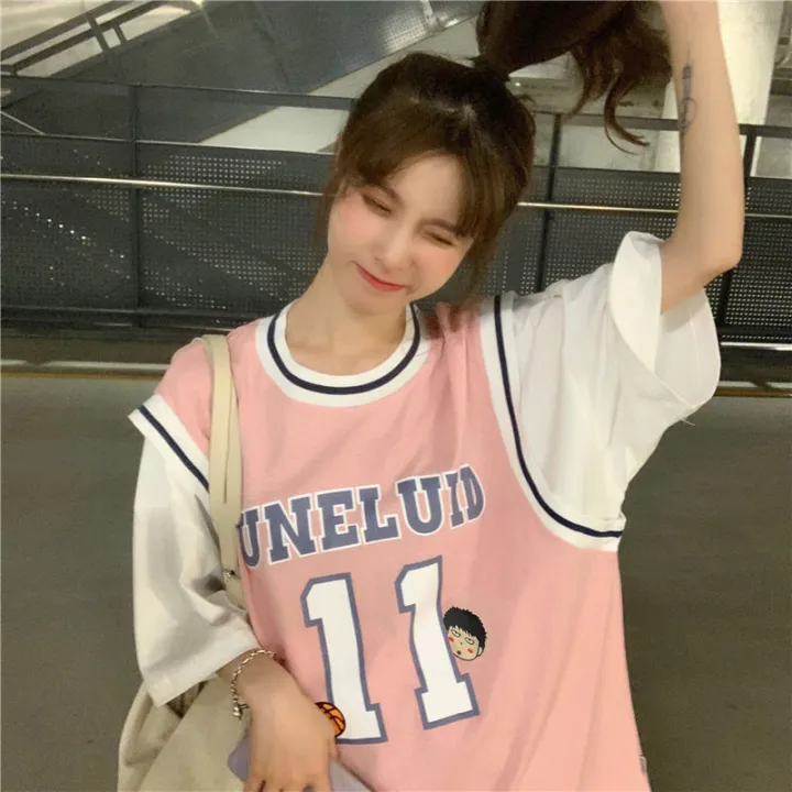 Fake%20Two%20Pieces%20Basketball%20WearTT-shirt%20Women's2022New%20Jersey%20Student%20Korean%20Style%20Loose%20Mid-Length%20Half%20Sleeveins-%20-%20Image%205