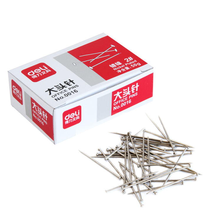 Deli 0016 Standard Pin 2# 50pcs Nickel-plated Rust-proof Tack Nail Straight Fixed Cloth Pin Manual Positioning Home Office Pin