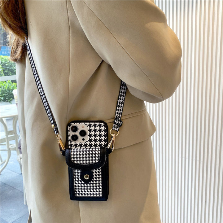 Houndstooth Cross-Body Lanyard Card Holder for Samsung s23 Phone case iphone14 Soft note20 Protective Sleeve A53
