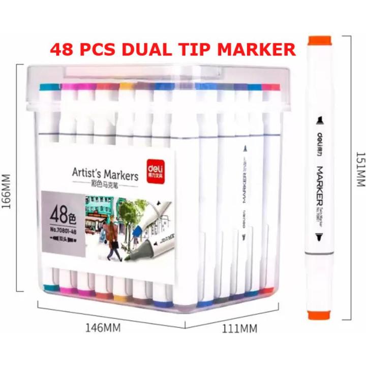 Deli E70803-48 Dual Tip Sketch Markers – 48 Colors, Brush & Chisel Tip Art Markers for Painting, Sketching, Calligraphy, Drawing & Coloring