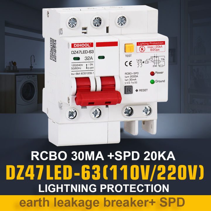 RCD RCCB Residual Current Circuit Breaker 30mA Earth leakage Lightning Protection Surge Protector SPD 20KA10A 16A 32A 63A 40A