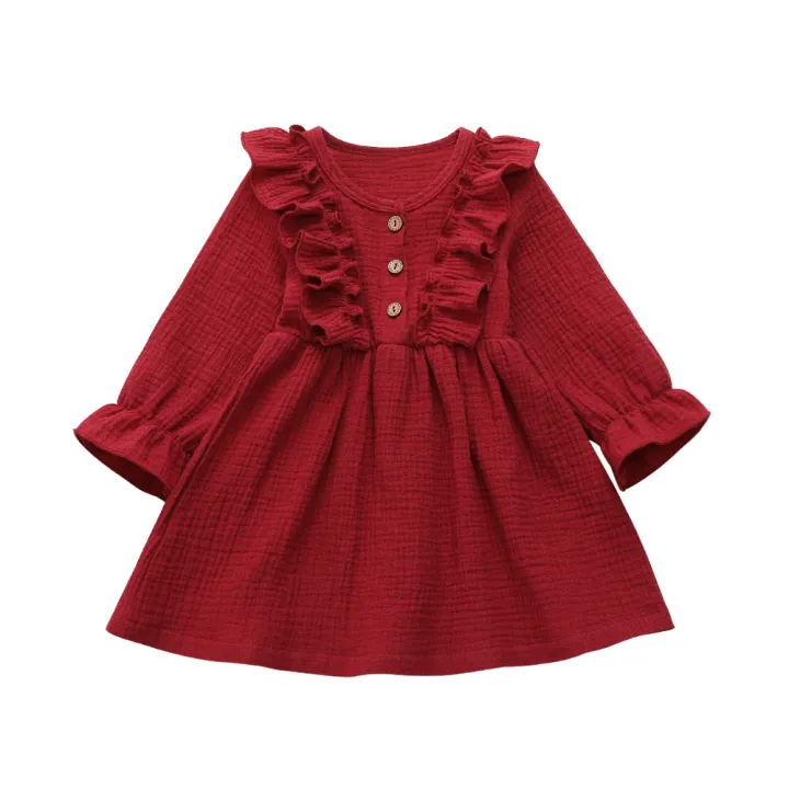 Baby%20Girls%20Solid%20Cotton%20Crepe%20Dress%20Soft%20Fabric%20Long%20Sleeve%20Ruffle%20Party%20Casual%20Toddler%20Outfit%20Comfortable%20Kids%20Clothing%20-%20Image%204