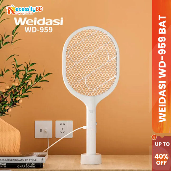 Weidasi WD-959 Mosquito Bat Rechargeable with Lure Light Insect bugs Lamp Stand Holder USB Charging Cable Included Electric Swatter Lithium Ion Battery WD 959 Mosquito Bat