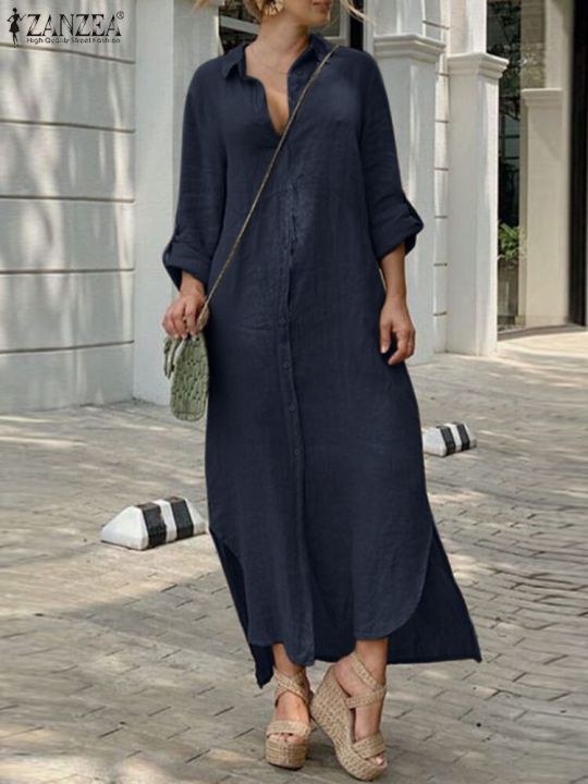 ZNAZEA Fashion Women Shirtdress Autumn Work OL Holiday Dress Solid Color Long Sleeve Buttons Down Casual Loose Dresses Hem Split