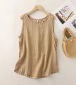 Women's Summer Loose Simple Orange Tank Top O-Neck Side Button Design Solid Pullover Sleeveless T-shirt.