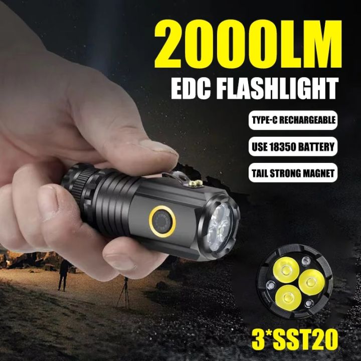 Powerful Mini EDC LED Flashlight 2000LM Super Bright Keychain Light USB Rechargeable Torch Camping Lantern with Power Indicator